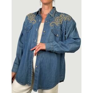 Vintage pearl studded denim button-down shirt blouse Clodia Dee cache 80s‎ 90s L